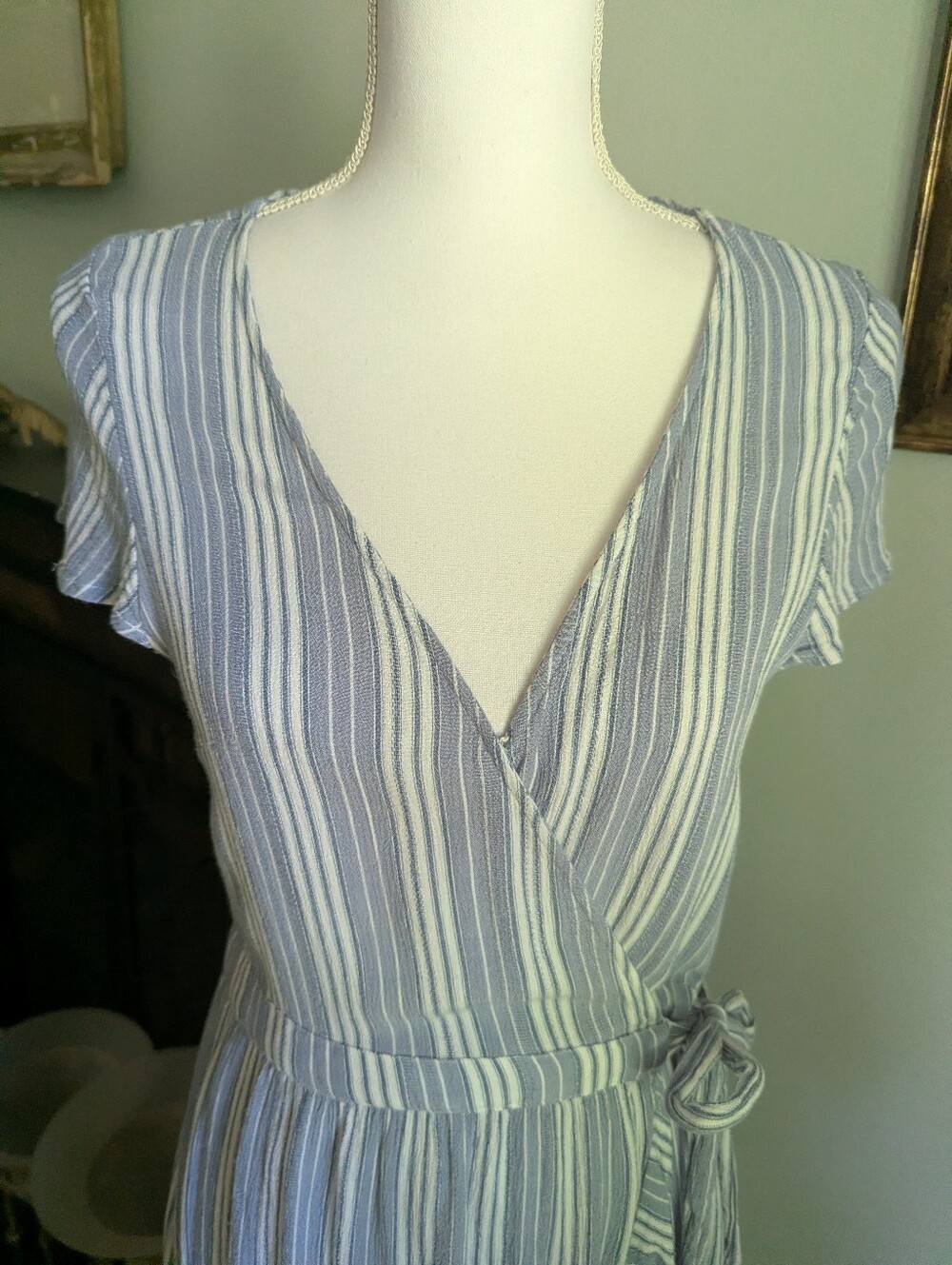 American Eagle Outfitters Women's Medium Blue Stripe Wrap Dress Ruffle Accent - Picture 2 of 11